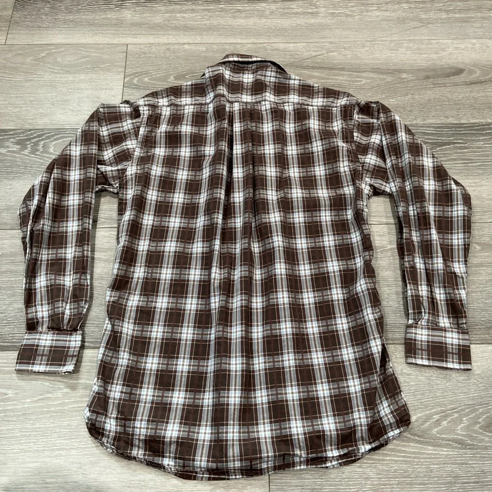 Vintage Kenneth Gordon Plaid‎ Button Down Shirt Men Size M Brown Blue USA Made